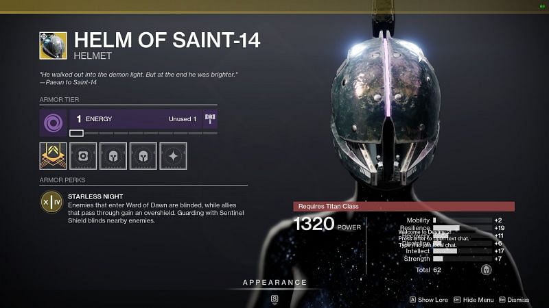 Helm of Saint-14 exotic headgear of Titan in Destiny 2 (Image via Bungie)